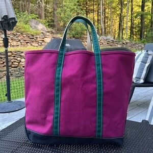 VTG LL Bean Boat Tote Extra Large Magenta Green Black Heavy Duty Canvas Bag RARE